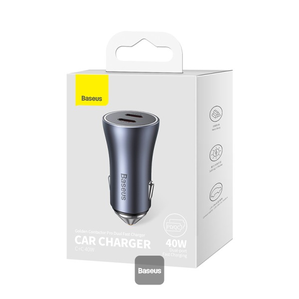شارژر فندکی 40 وات Baseus سری Golden Contactor Pro مدل Dual Quick Car Charger Type-C & Type-C